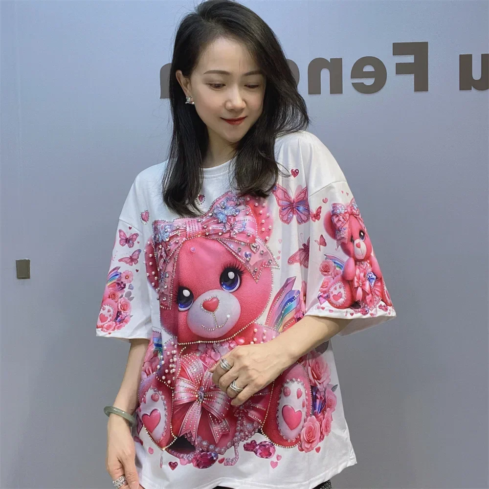2026 Fashion Printed T Shirts for Women Summer Clothes Casual Cartoon Bear Pattern Diamonds Beading Female Short Sleeve Tops Tee