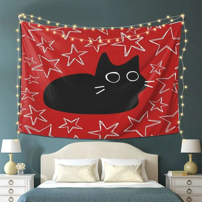 VIKAMA Cartoon Black Cat Tapestry, Minimalist Red Star Wall Hanging, Cool and Stylish Bedroom Wall Backdrop, Home Decor