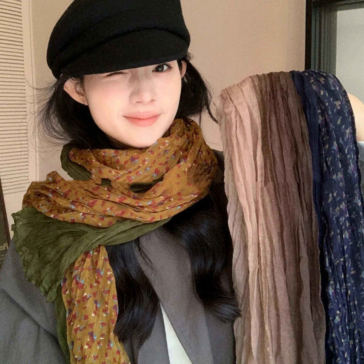 

180cm Long Women Cotton Linen Scarf Korean Style Vintage Wrinkle Long Scarf Female Headscarf Versatile Fashion Fold Shawl Scarf