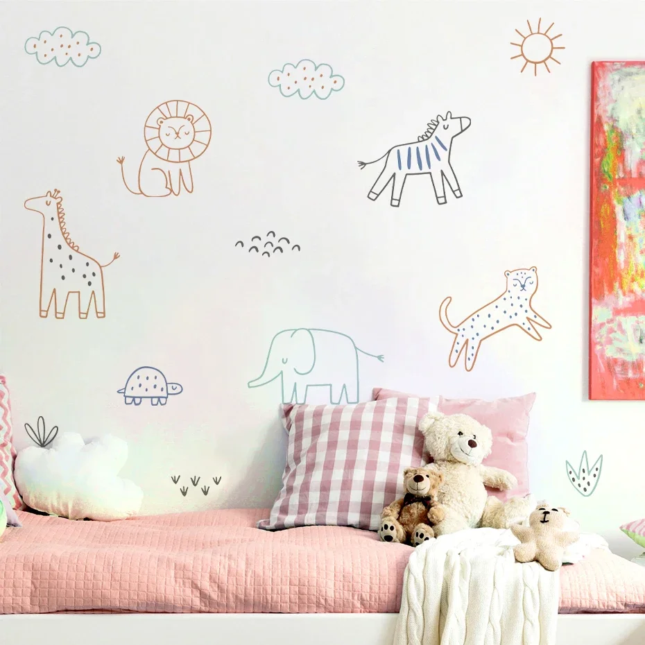 Boho Cartoon Lion Elephant Cute Animal Faces Watercolor Nursery Stickers Wall Decals Art Print Kids Boys Girls Room Home Decor