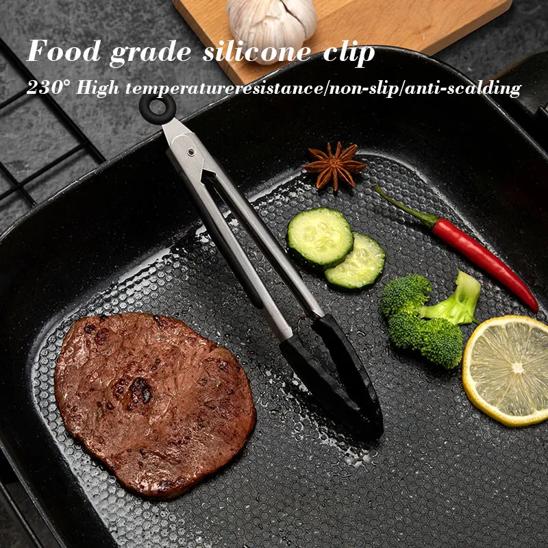 1 Pc Black Silicone Food Tongs, Stainless Steel Food Tongs Outdoor BBQ Clamps For Camping Kitchen Tongs For Baking Steak