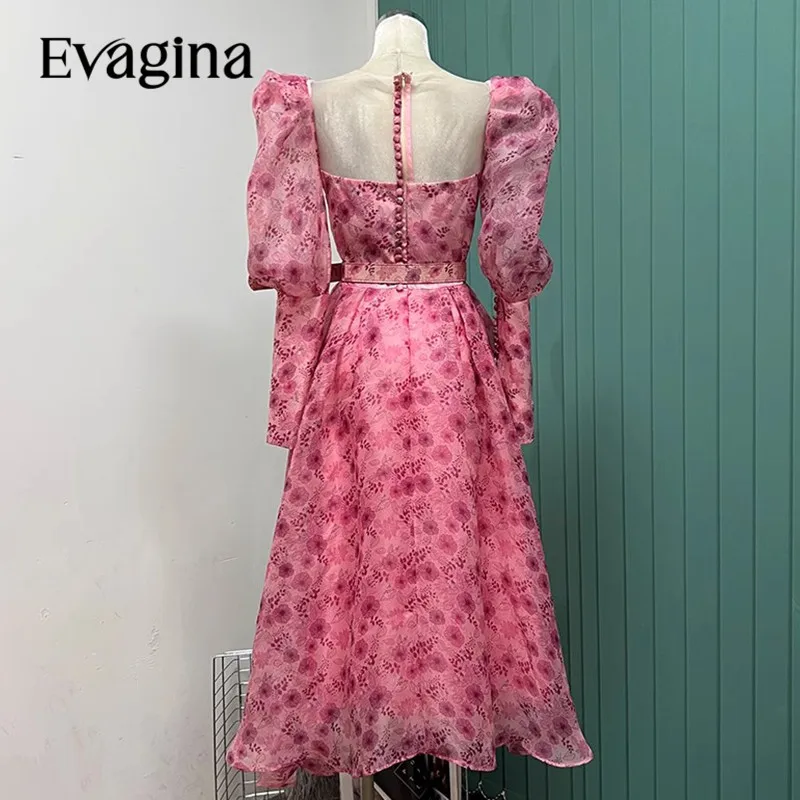 Evagina New Fashion Runway Designer Women's square neck Slim fit Chiffon bubble sleeves printing belt+Hair hoop Dress