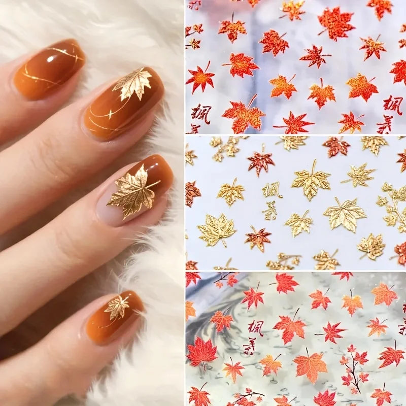 Herbst- und Winter-Nagelaufkleber mit Goldfolien-Ahornblättern - Geprägte, glänzende rote Ahornblätter-Nageldekoration, geeignet für Feiertagspartys. – Detail 8