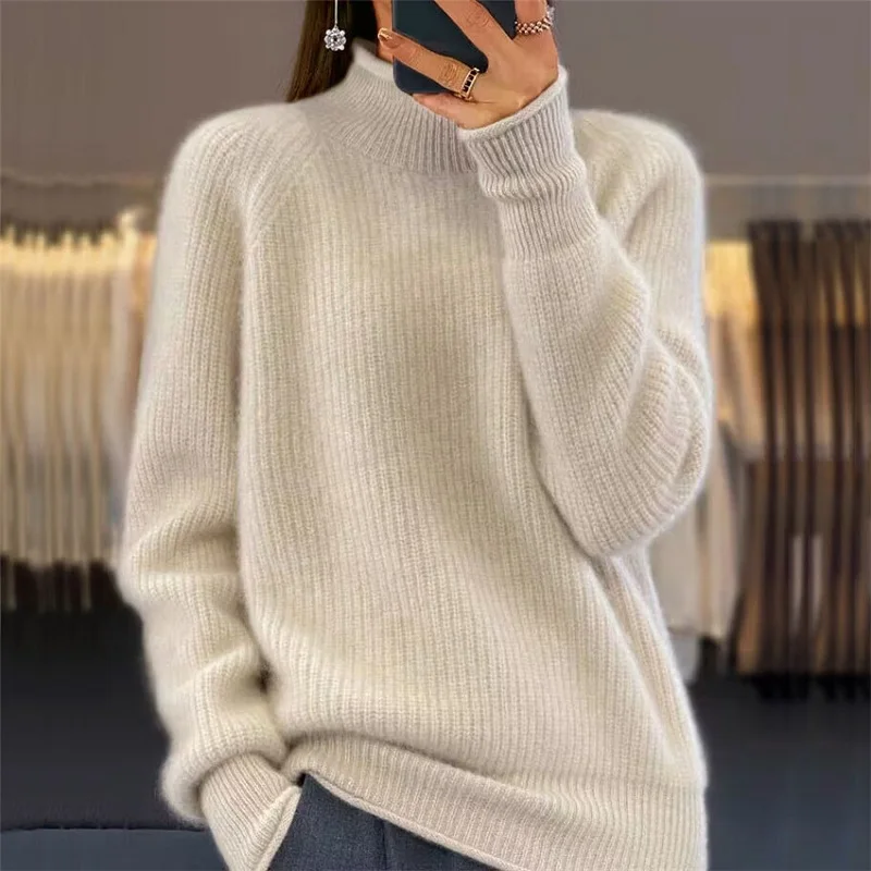 Elegant Solid Warm Knitted Tops Autumn Winter New Casual Long Sleeved Commuting Jumpers Fashion Simple High Collar Soft Sweater