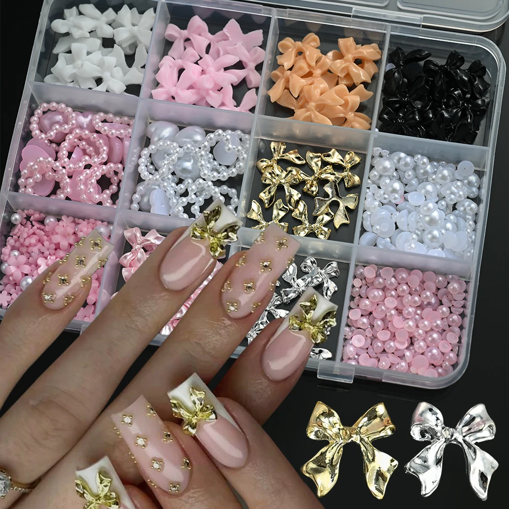 12Grids 3D Multi-Colors Ribbon Flower Nail Art Charms Simulated Perals Love,Metal Bowknot Nail Decoration DIY Manicure Accessory image 3