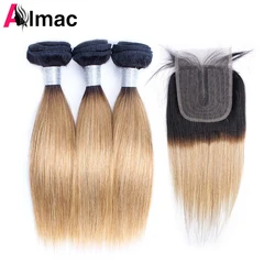 Extensiones de cabello humano indio Remy, mechones lisos con cierre de encaje 4x1, Color ombré, rubio miel y marrón, 200g por juego, 3 uds.