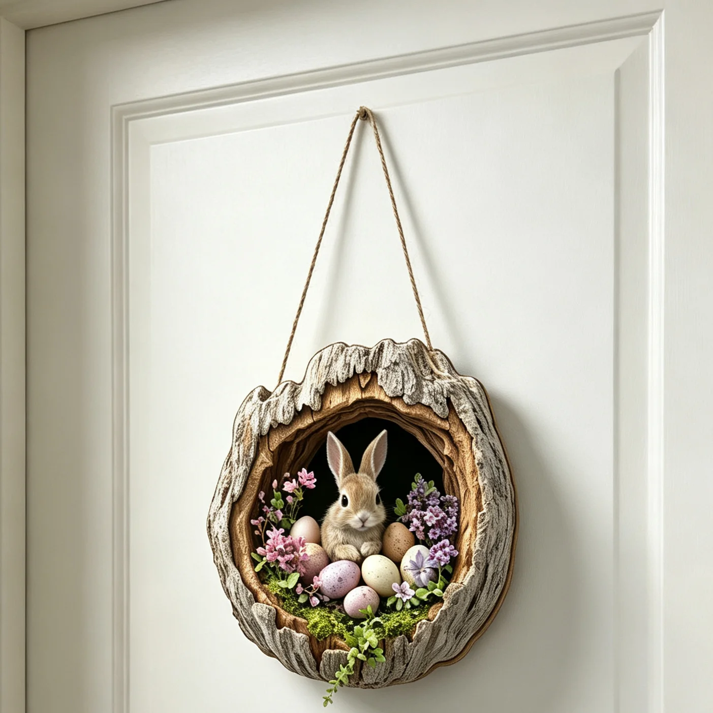 Easter Tree Hole Rabbit Wooden Hanging Sign, Vintage Spring Bunny Wall Hanging Decor, 2D Printed Poplar Plywood Ornament for Home Front Door, 5mm Thickness