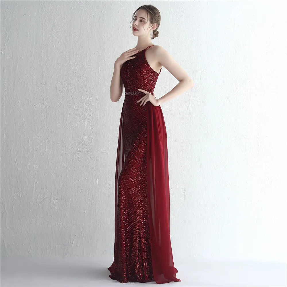 DEERVEADO Burgundy Sequin Evening Dress Party Maxi Dress With Detachable Chiffon Train Women Chic Beading Long Prom Dresses