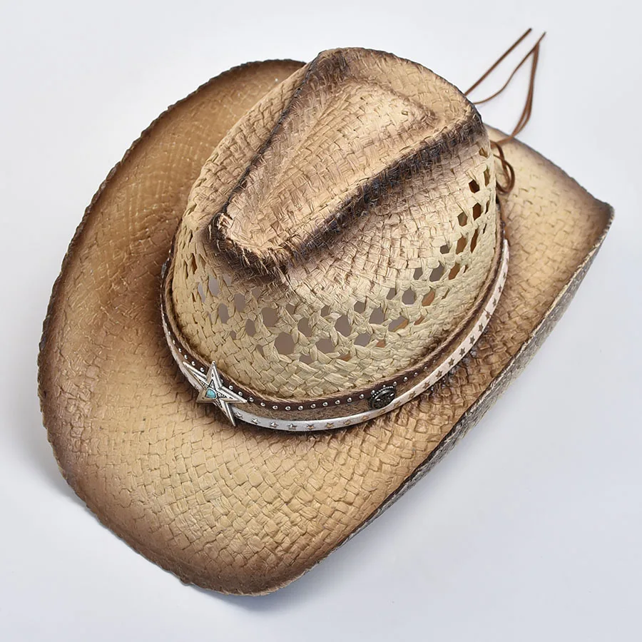 Hand-woven Natural Straw Western Cowboy Hat for Women Men Summer Outdoor Breathable Beach Sun Hats