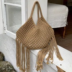 Bohemian Beach Bags For Women Luxury Designer Handbags Purses 2024 New In Polyester Rope Braided Tassel Hollow Underarm Shoulder