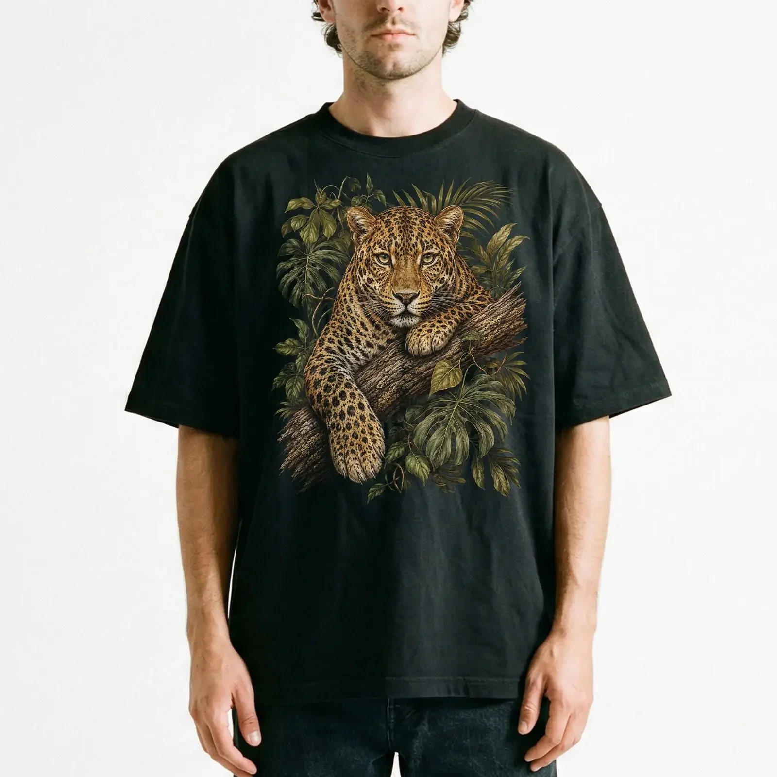 Realistic Leopard Resting Jungle Log Portraitss T Shirt Big Cat vintage Washed Slightly Breathable Stretched homme Versatile