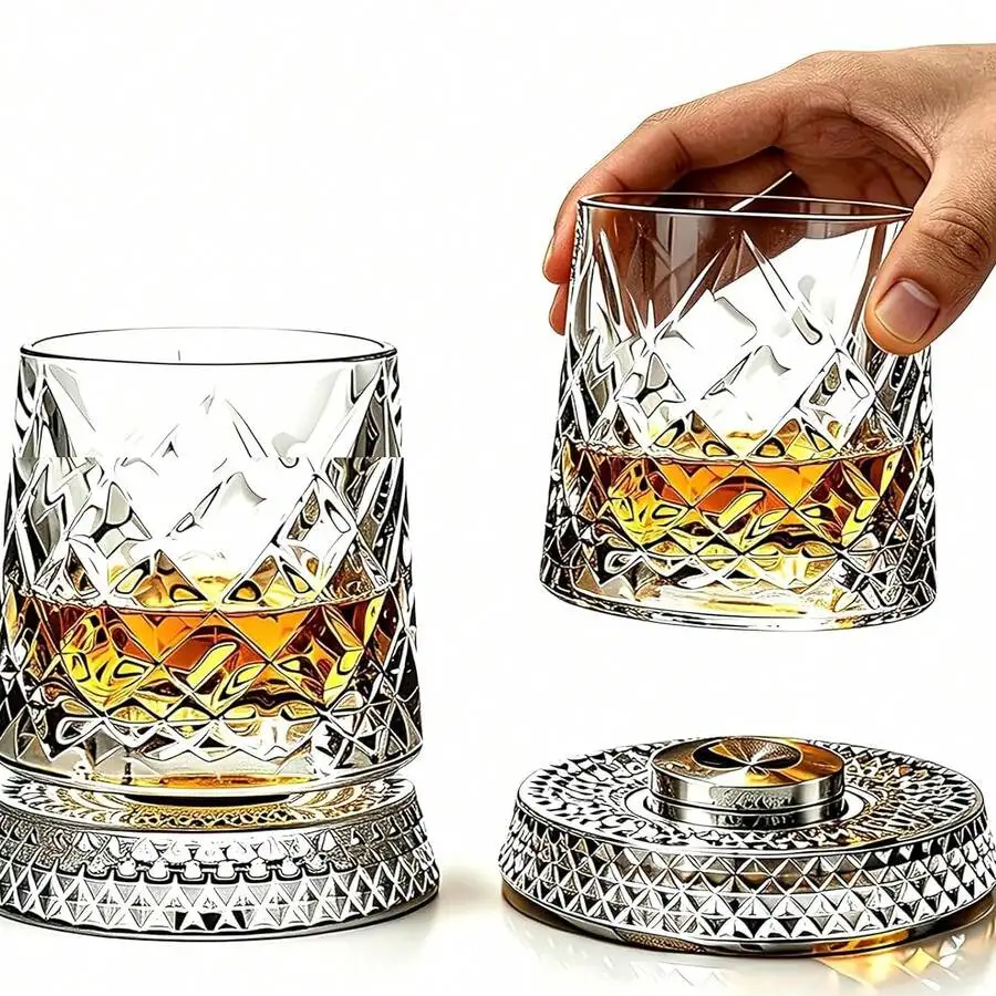 Set Of 2 – 10oz Spinning Whiskey Glasses Lead-Free Rotating Old Fashioned Tumblers With Diamond Cut, Heavy Base For Smooth 360°