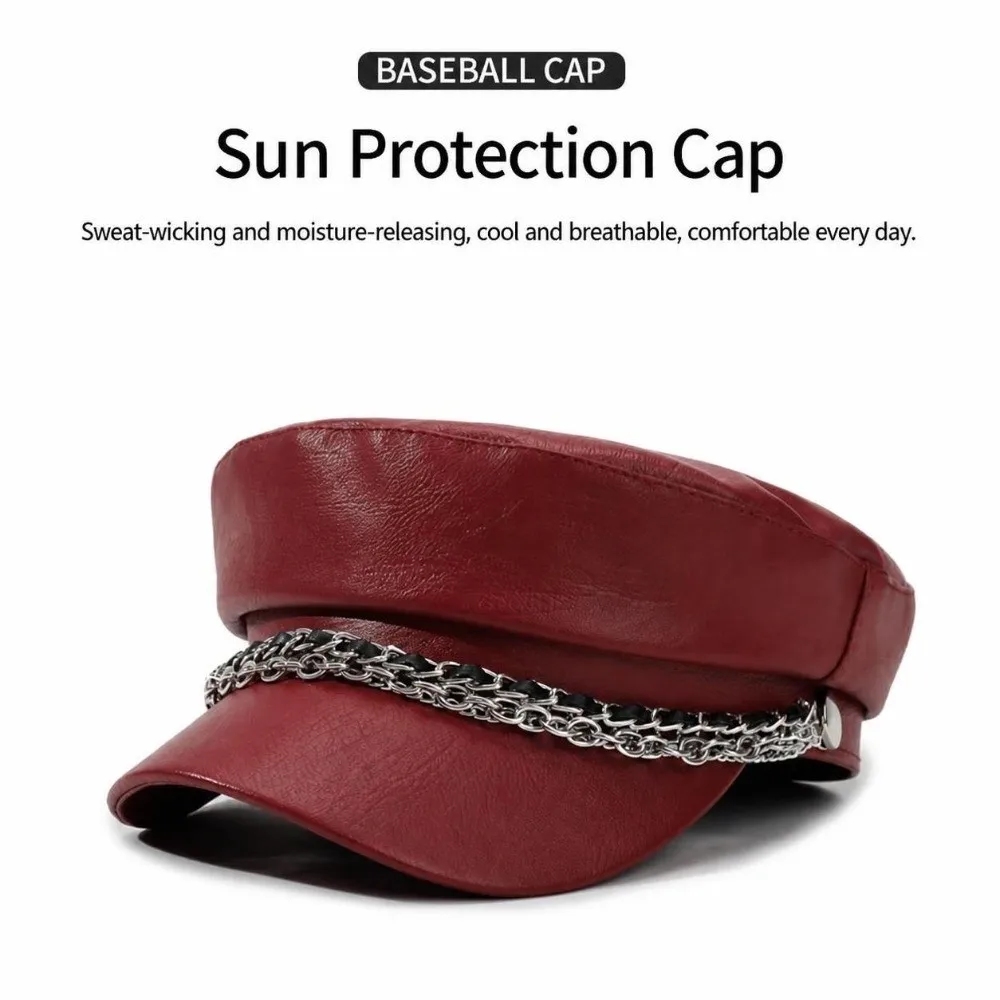 Retro PU Leather Newsboy Cap Silver Chain Decor Short Brim Beret Hat Adjustable Casual Octagonal Beret Cap Autumn Winter