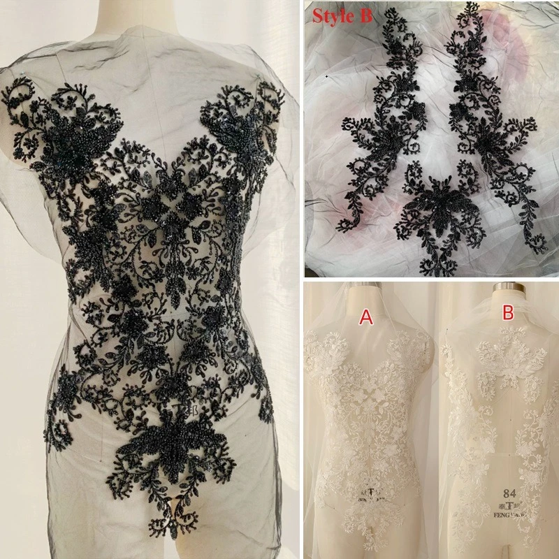 

1Piece Off White Black 3D Bead Sequins Embroidery Lace Flower Bride Wedding Dress Handmade DIY Applique Patches for Clothing
