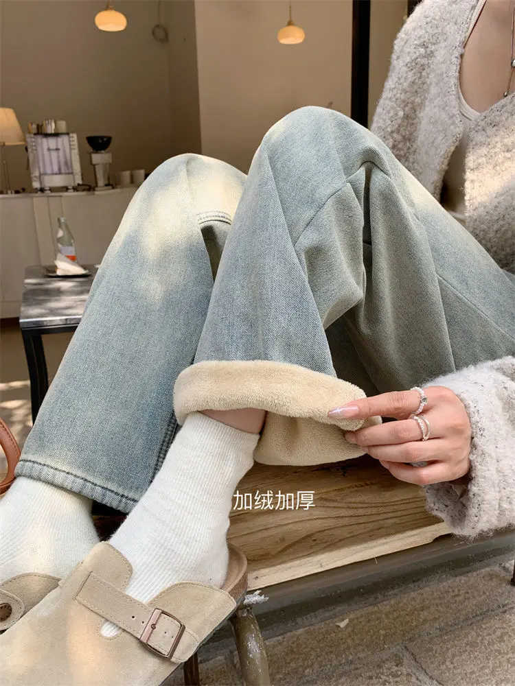 

​ ​ Джинсы на флисовой подкладке, женские широкие брюки с высокой талией, светло-голубые свободные брюки на зиму ​ ​