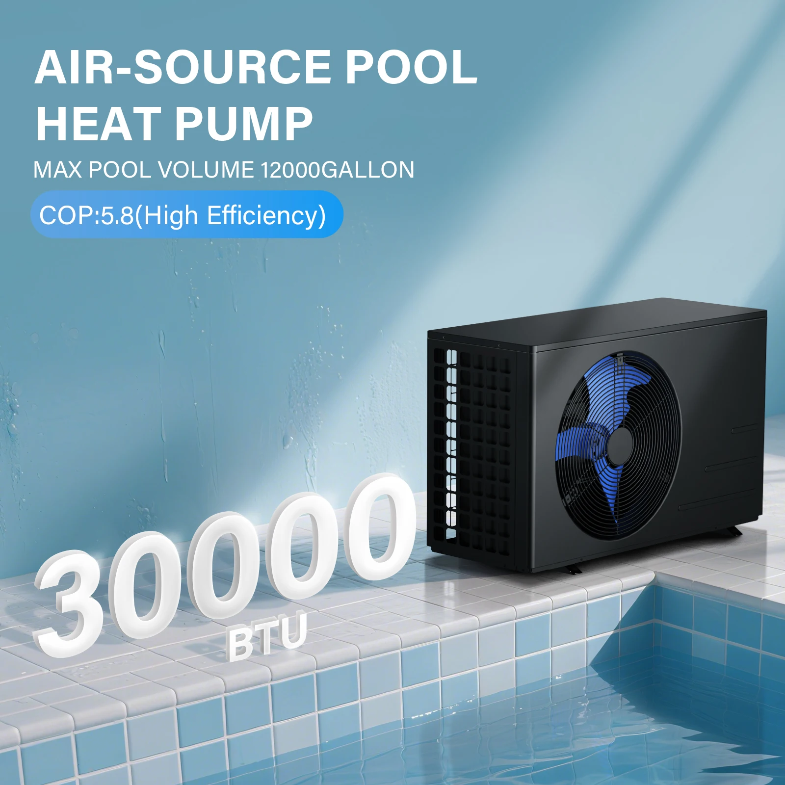 30K BTU for 12K Gallon Pools - Energy Efficient, WiFi Control, Ultra Quiet 52dB, Works In/Above Ground Pool Heat Pump