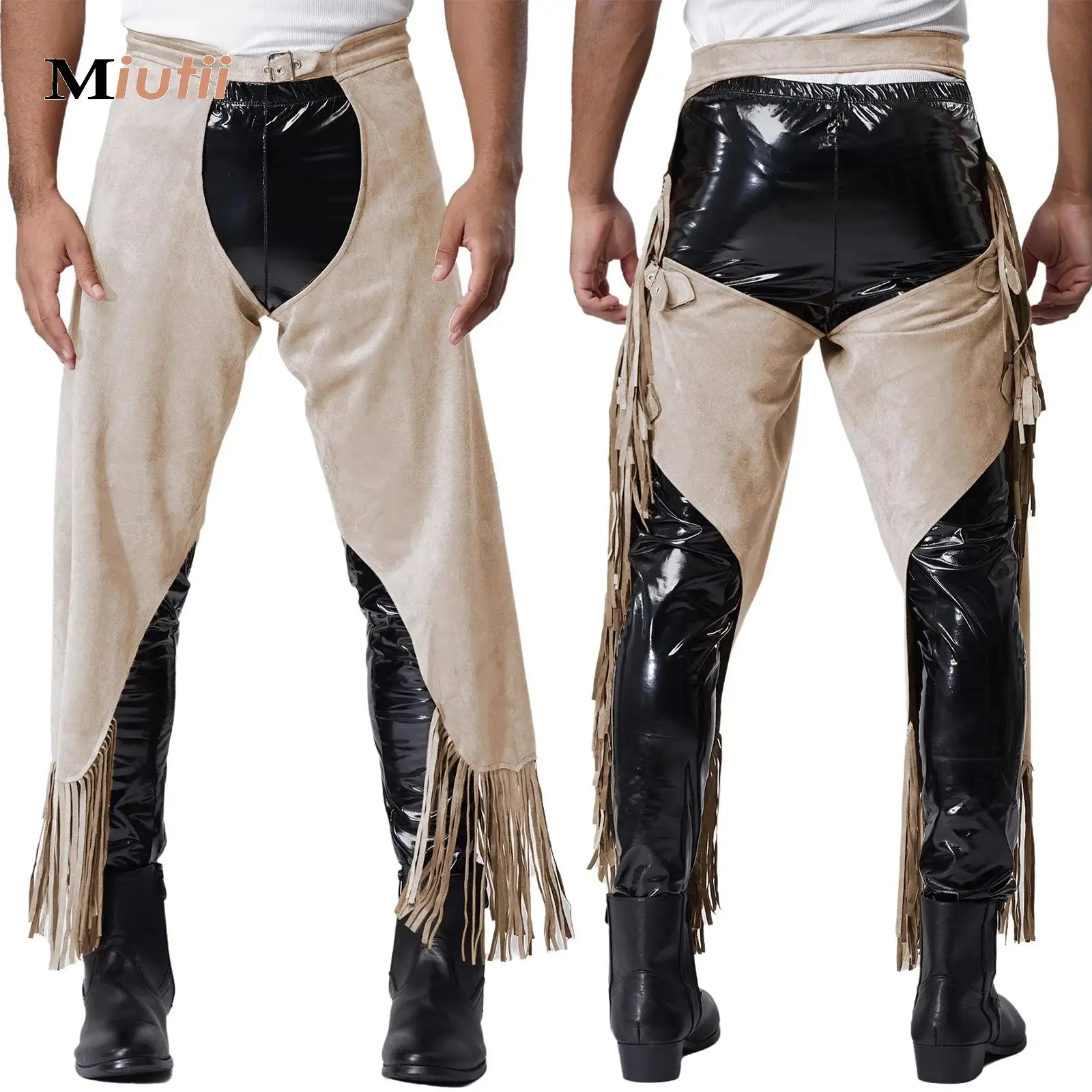 homens-camurca-franja-vintage-cowboy-chaps-calcas-virilha-aberta-borlas-gotico-steampunk-halloween-vestir-se-festa-traje-rave-clubwear
