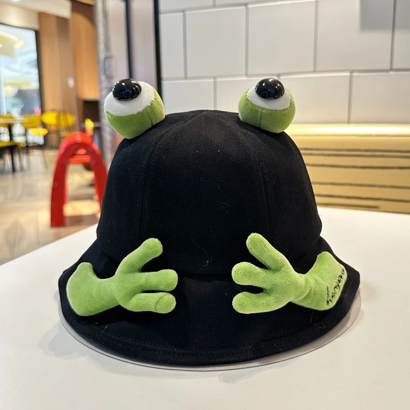 2024 New Cute Big Eyes Frog Bucket Hats Outdoor Foldable Sun Fishing Cap Women Lady Summer Cotton Wild Panama Hats