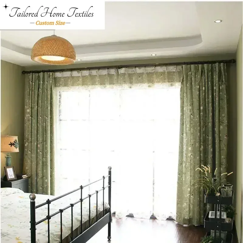 

American Garden Cotton Linen Green Window Curtains for Living Room Bird Printed Bedroom Window Blackout Drapes Custom Decoration