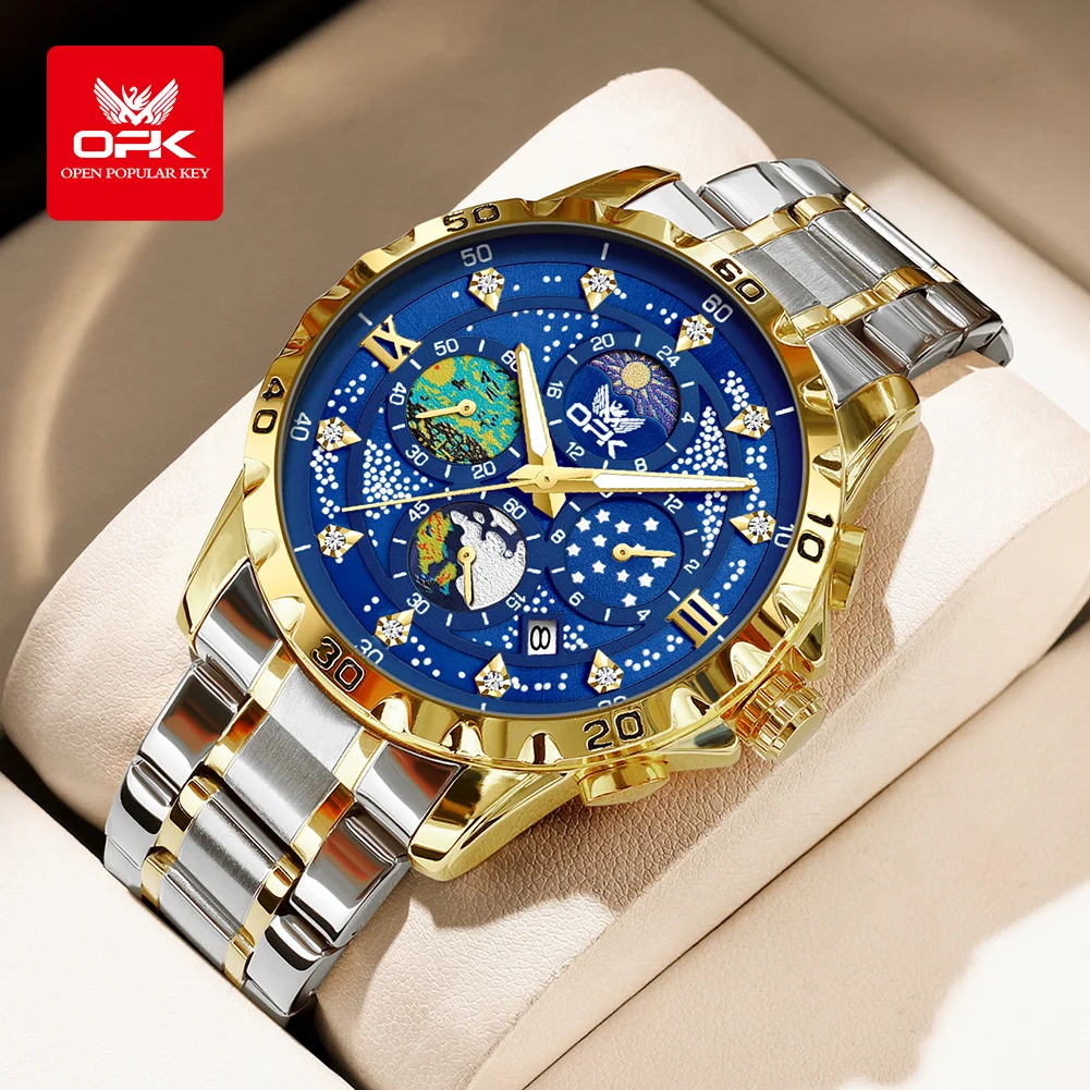 Reloj de cuarzo para hombre con tira de acero y sincronización multifuncional OPK 8175