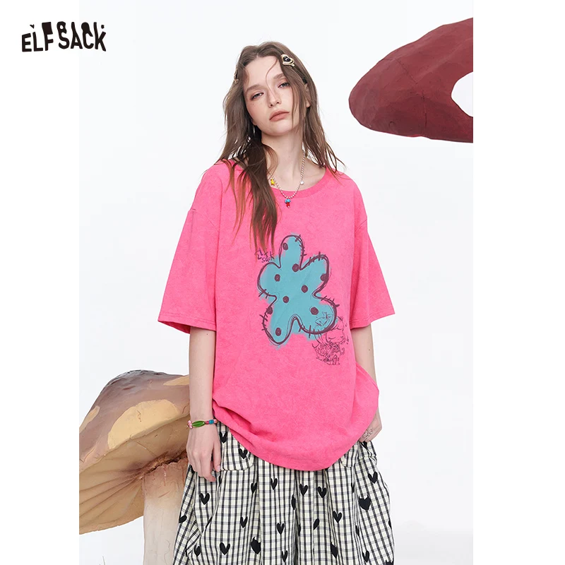 

ELFSACK Oversized Flower Print T-Shirt, Back Bow Design Y2K Casual Half-Sleeve Tee, Pink Streetwear Top