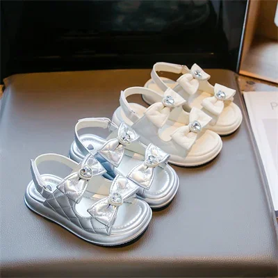 Children\'s Rhinestone Bow Non-slip Soft Soled Open Toe Princess Sandals Girls 2024 Summer New Fashion Temperament Sandals