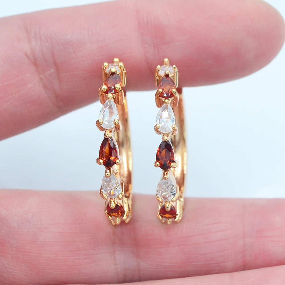 Gold Color Women Fashion Rose Red Teardrop Zircon CZ Huggie Hoop Earrings Jewelry