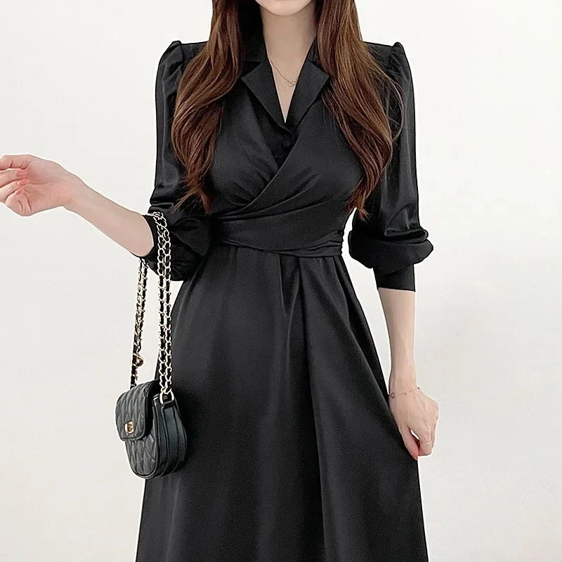 2024 NEW Women's Dress Korean Chic Elegant Flip Collar Cross Up Lace Puff Sleeve Shirt Dress Slim Mid Length Dresses Ladies