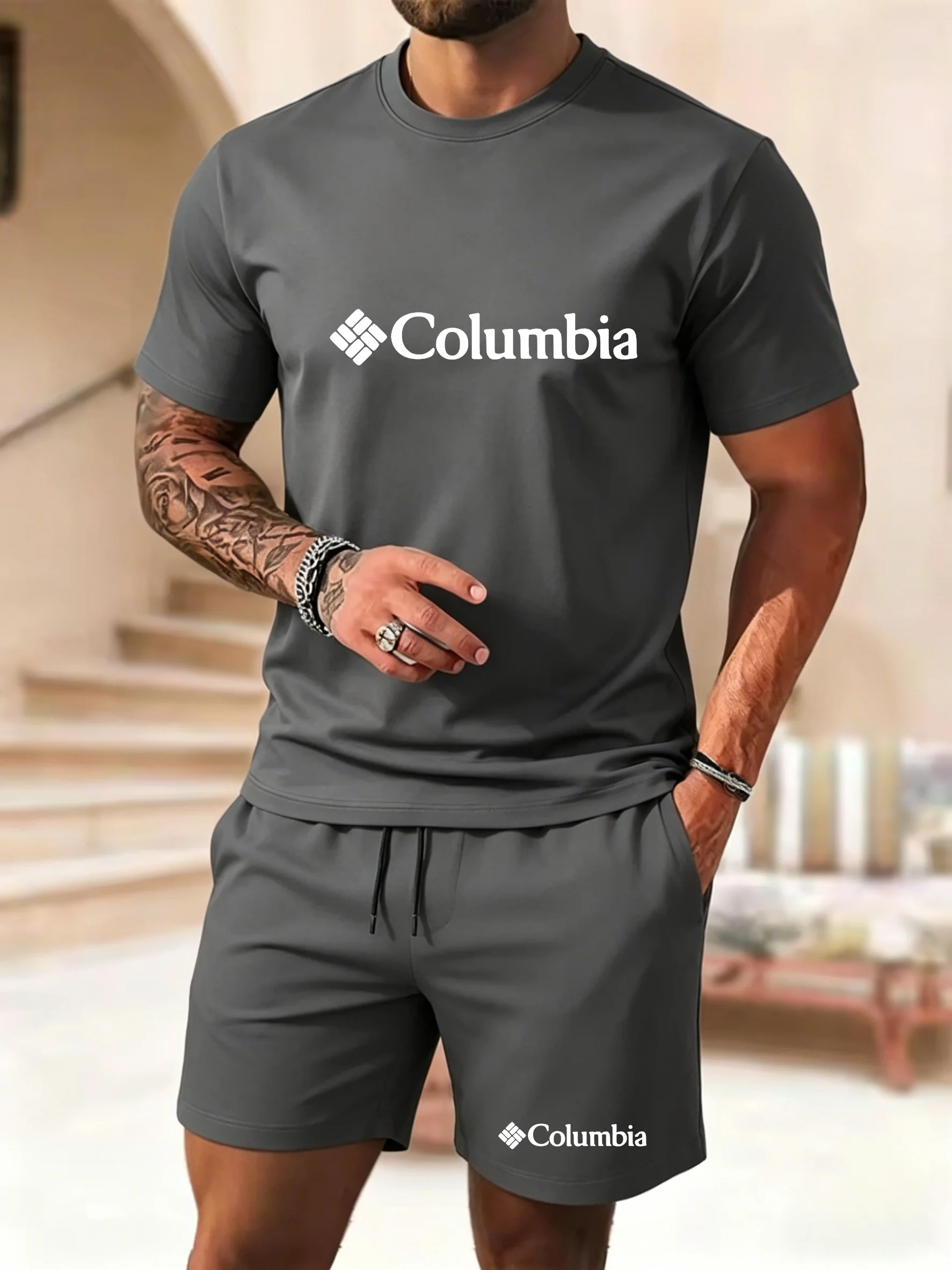 New Men's Short Sleeve Shorts Set Trendy Print T-Shirt Shorts 2-Piece Casual Round Neck Breathable Sports Wear view 5