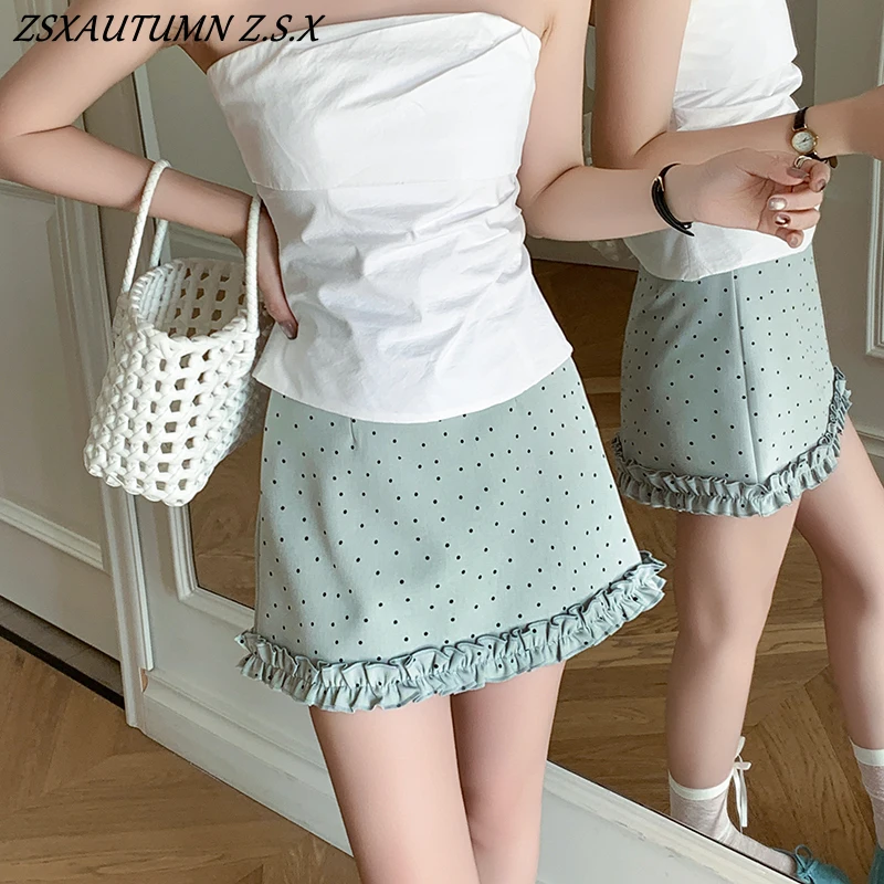 

Костюм Юбка в горошек Женская весна-лето Корейский стиль Деревянная юбка с краями ушей Женская одежда Высокая талия Мини-юбка в горошек
