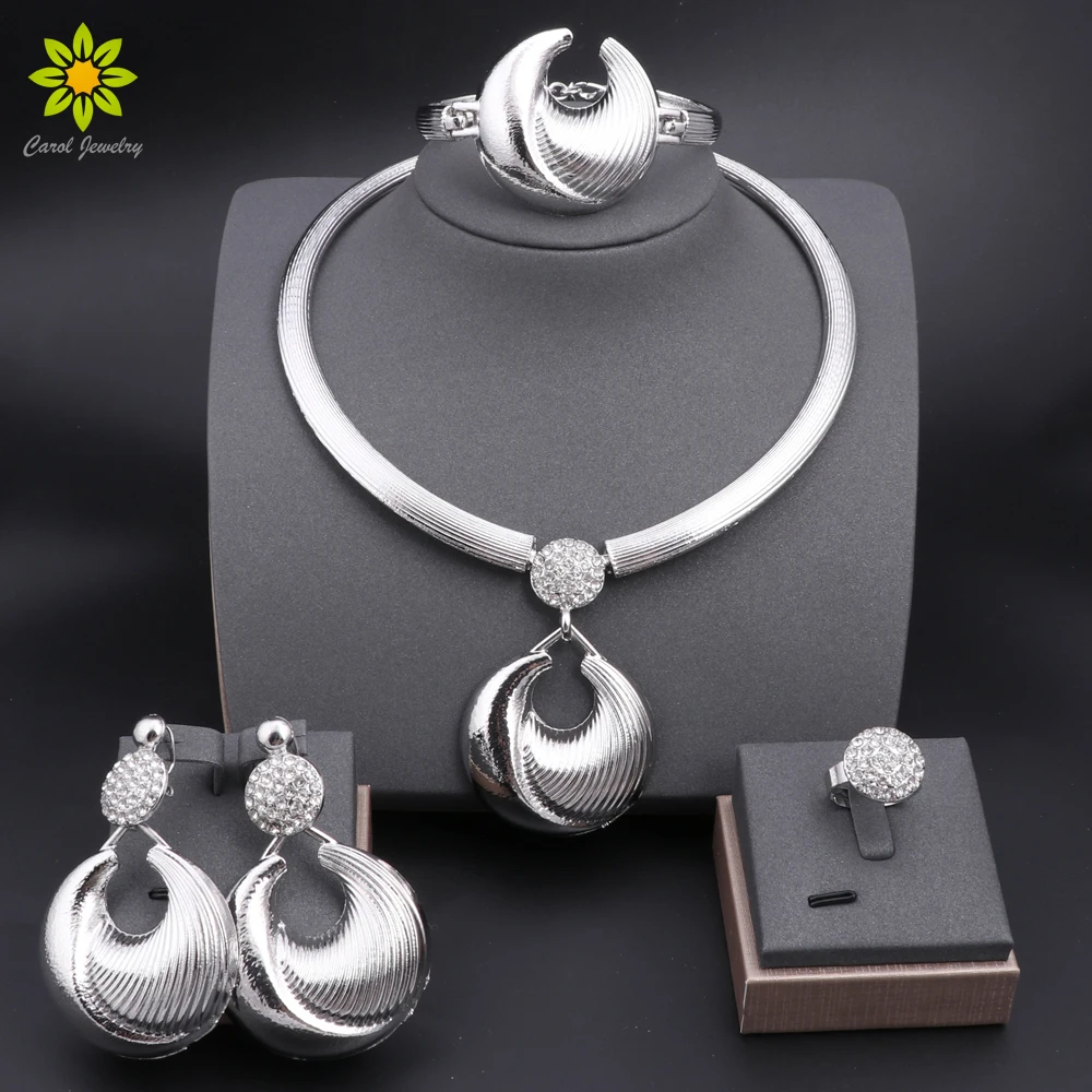 Dubai Jewelry Set For Women Silver Plated Luxury Necklace Earrings Bracelet And Ring Set Jewelry For Wedding Party Trending ﻿