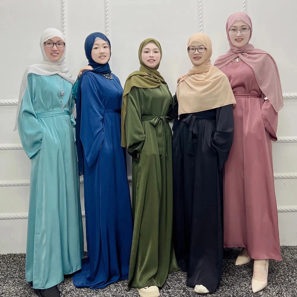 

Eid Mubarak Satin New Muslim Women Djellaba Casual Dress Turkish Islamic Ramadan Abayas Dubai Arab Robe Jalabiya Caftan Clothing