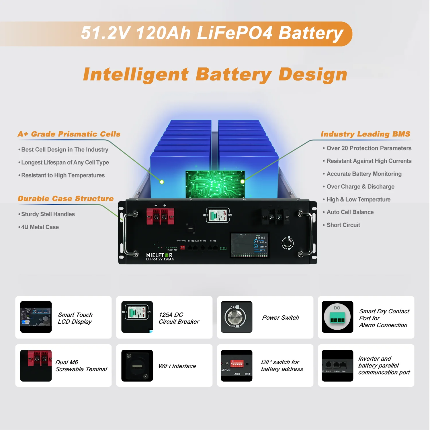 48V 120Ah Lithium LiFePO4 Battery Built-in 100A BMS with Touchable Display 51.2V 100Ah 200Ah 300Ah 600Ah 900Ah LiFePO4 Battery