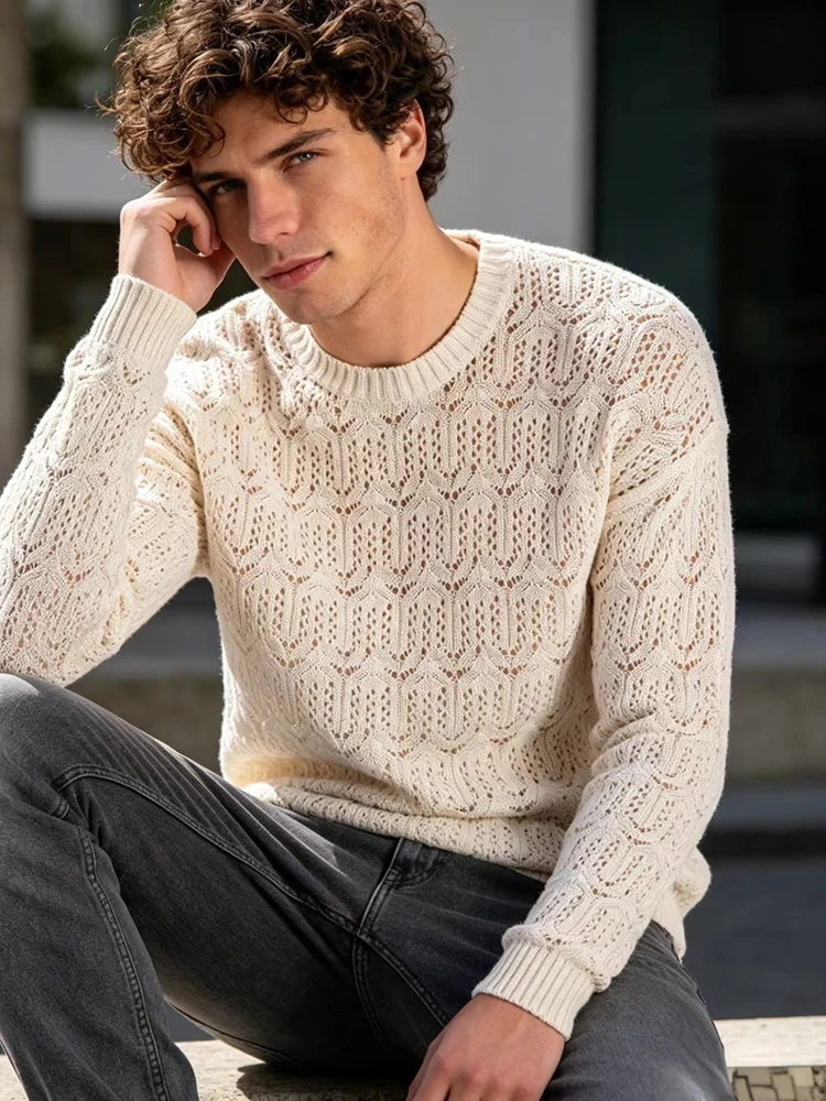 

Long Sleeve Crew Neck Sweater Spring Autumn Hollow Out Crochet Knitted Mens Sweaters Fashion Solid Knit Pullover Top
