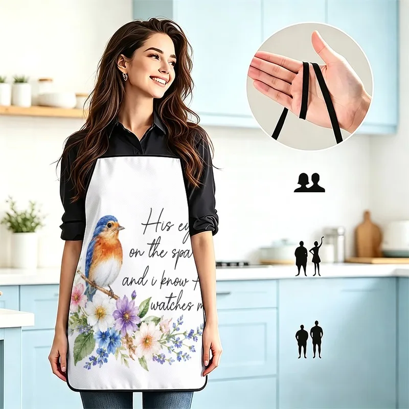 1PC【Apron】2DFlat effect，pastoral style watercolor blue bird floral print，Durable and casual，Suitable home kitchen cook