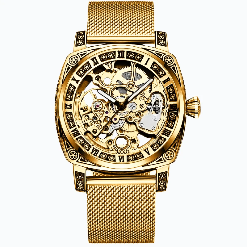 New men\'s watch with hollowed out carving design, high-end fashion disc gold mesh belt, men\'s fully automatic mechanical watch