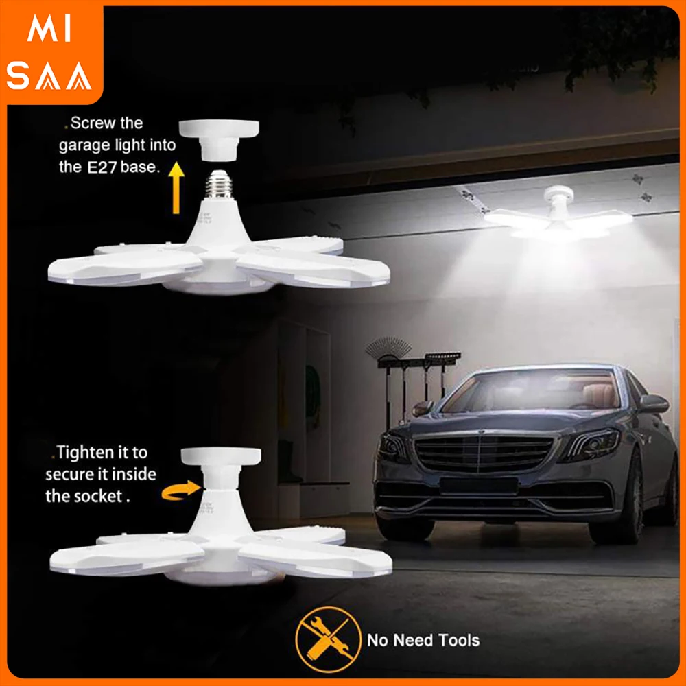 

Adjustable Garage Lights 38W E27 Bulb Led Panel Light Fan Blades Deformable Workshop Warehouse Ceiling Lighting 6500K AC165-240V