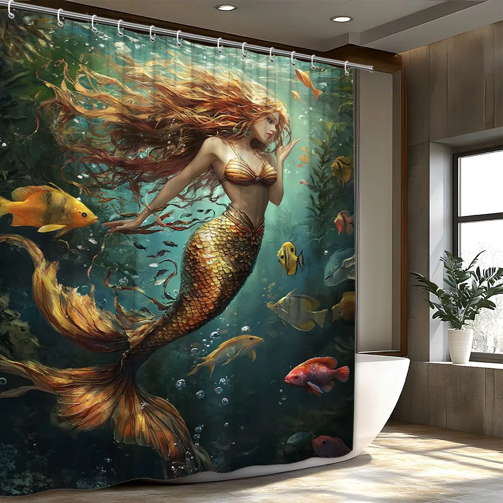Mermaid Shower Curtain Red Hair Golden Tail Colorful Fish Seaweed Polyester Washable with 12 Hooks for Bathroom Decor
