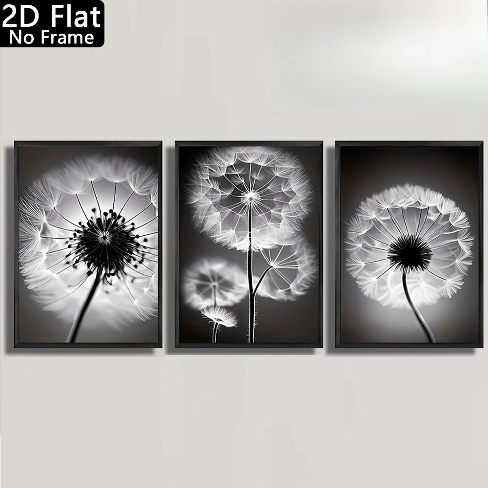 2D Flat, 3pcs Canvas Painting Dandelion and Inspirational Quotations Canvas Poster Painting, Modern Plant Art Printed Matter