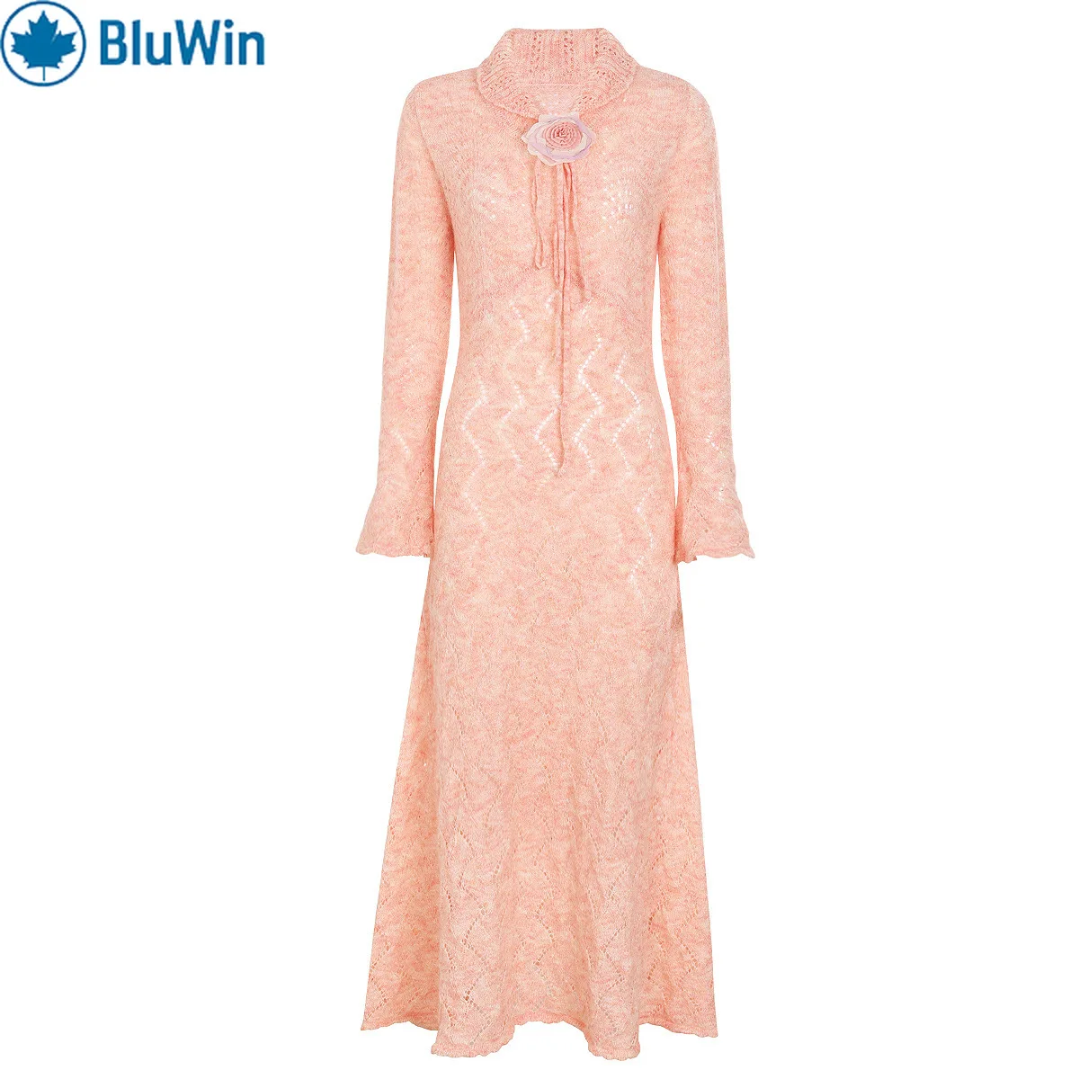 فستان بياقة من الصوف المحبوك، زخرفة زهور أوربانشيك ثلاثية الأبعاد، فتحة جانبية، فستان خريفي ممتاز بأكمام طويلة #1