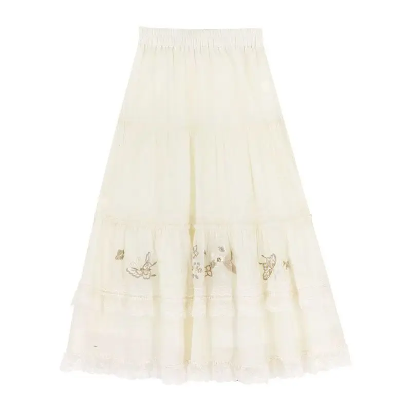 Mori menina doce bordado renda emenda saia primavera nova cintura elástica a linha saias fada versátil y2k faldas Юбка