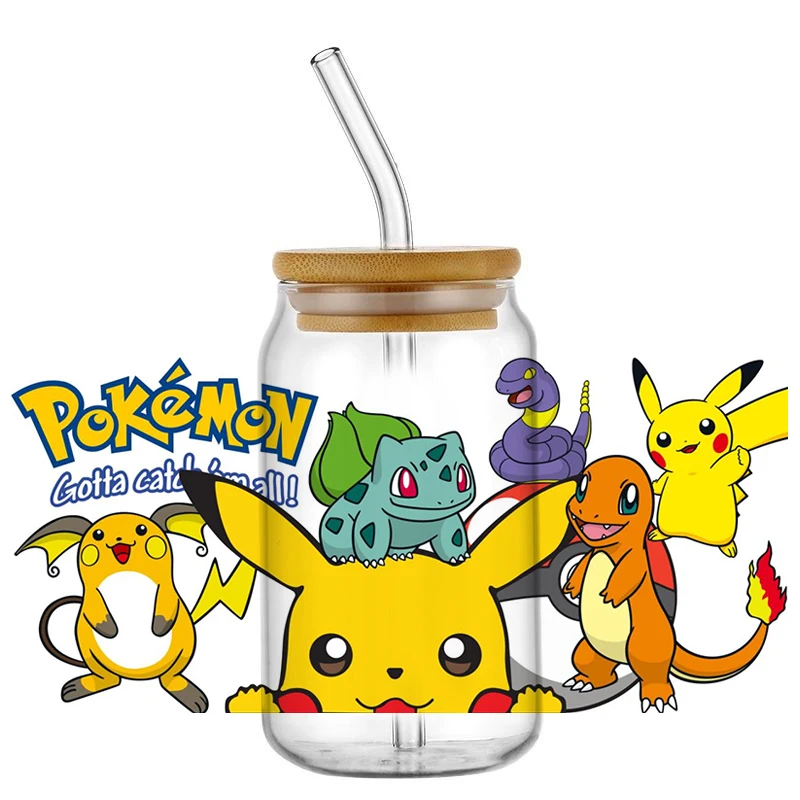 Hotsale Lovely Pokemon Pikachu 16oz UV DTF 3D Transfer Sticker Decals Wraps Glass Can Cups Creative Craft DIY
