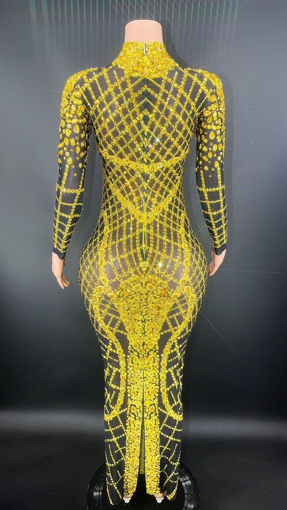 Sexy Mesh Transparent Celebrate Evening Prom Party Birthday Dress Sparkly Rhinestones Performance Show Stage Wear