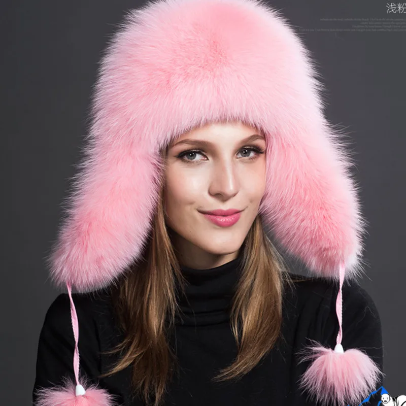 100% Natural Fox Fur Hat Russion Hat With Ears Flaps Ushanka Women Winter Real Raccoon Fur Cap Warm Fluffy Female Tail Cap