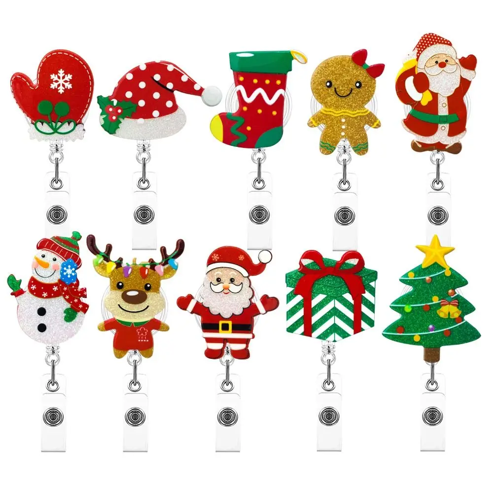 

Acrylic Christmas Badge Reel Santa Claus Snowman Elk Retractable Badge Holder Glitter Shiny Xmas Decoration ID Card Holder