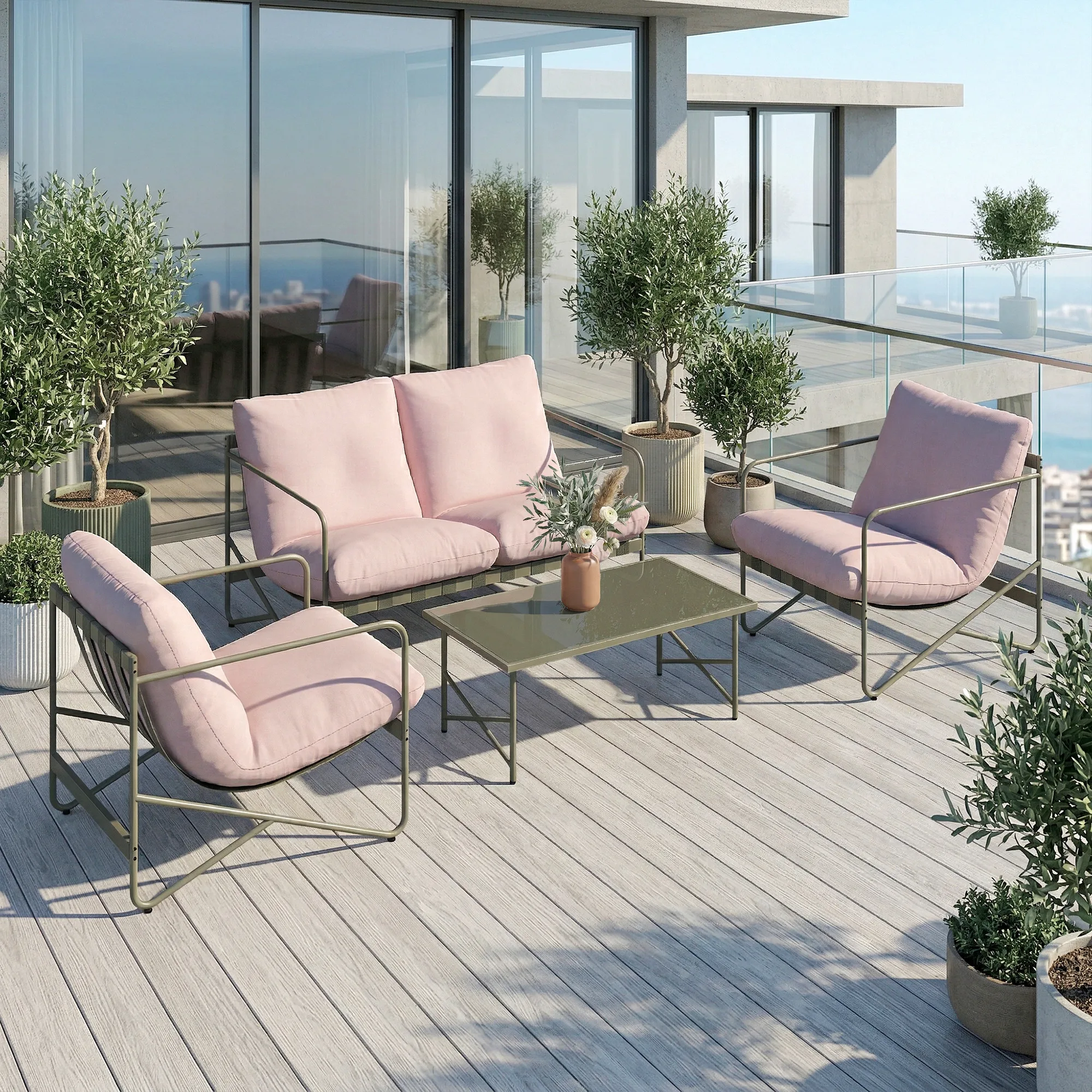 Outsunny Conjunto de Jardín Exterior de 4 Piezas, Muebles Jardín Exterior con Sofá de 2 Plazas, 2 Sillones, Mesa de Vidrio Templado, Cojines Gruesos, para Terraza, Rosa