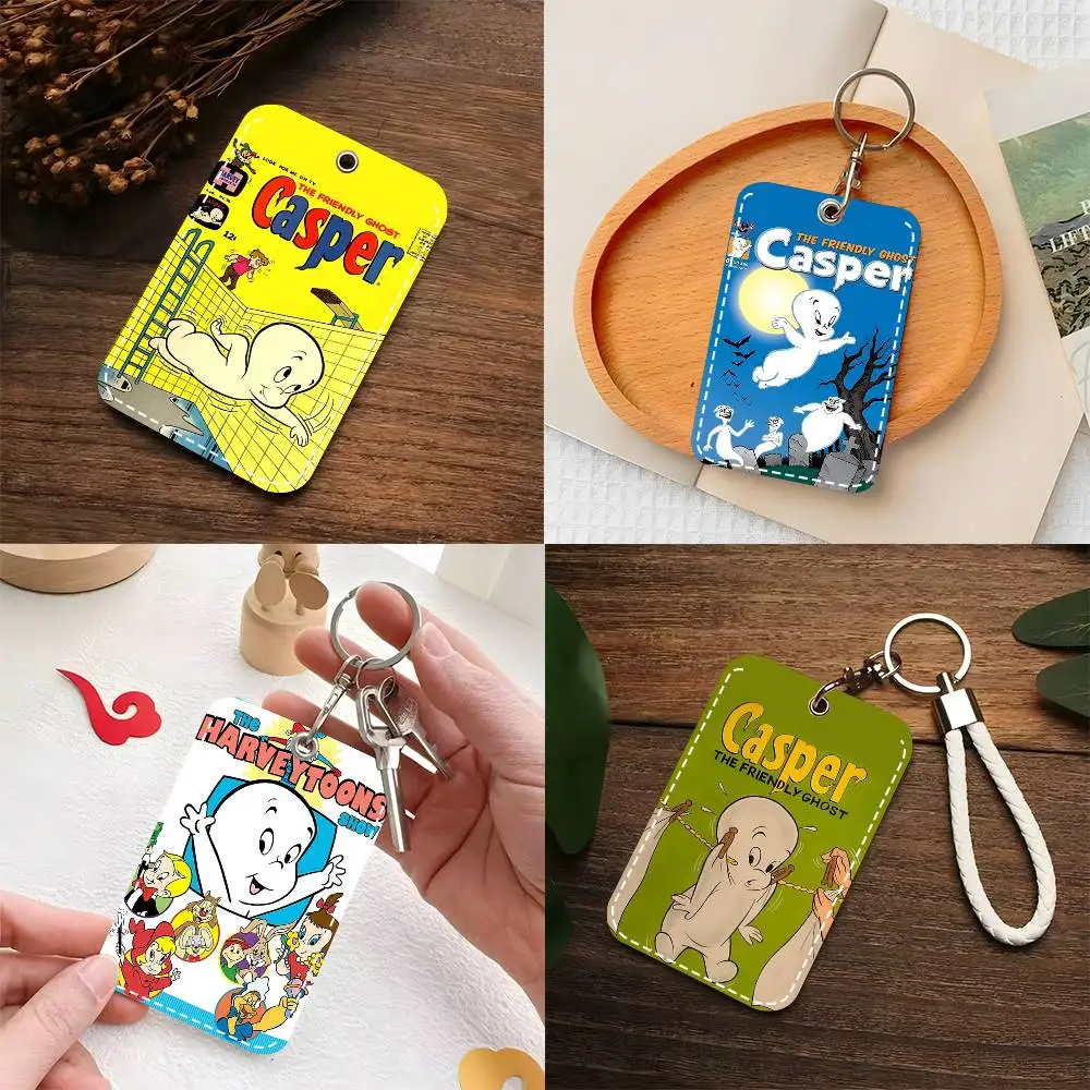 1pc Classic Children Animation C-Casper Card Case Keychain Access Card Bag Key Tag Ring Leather Card Holder Key Ring Access
