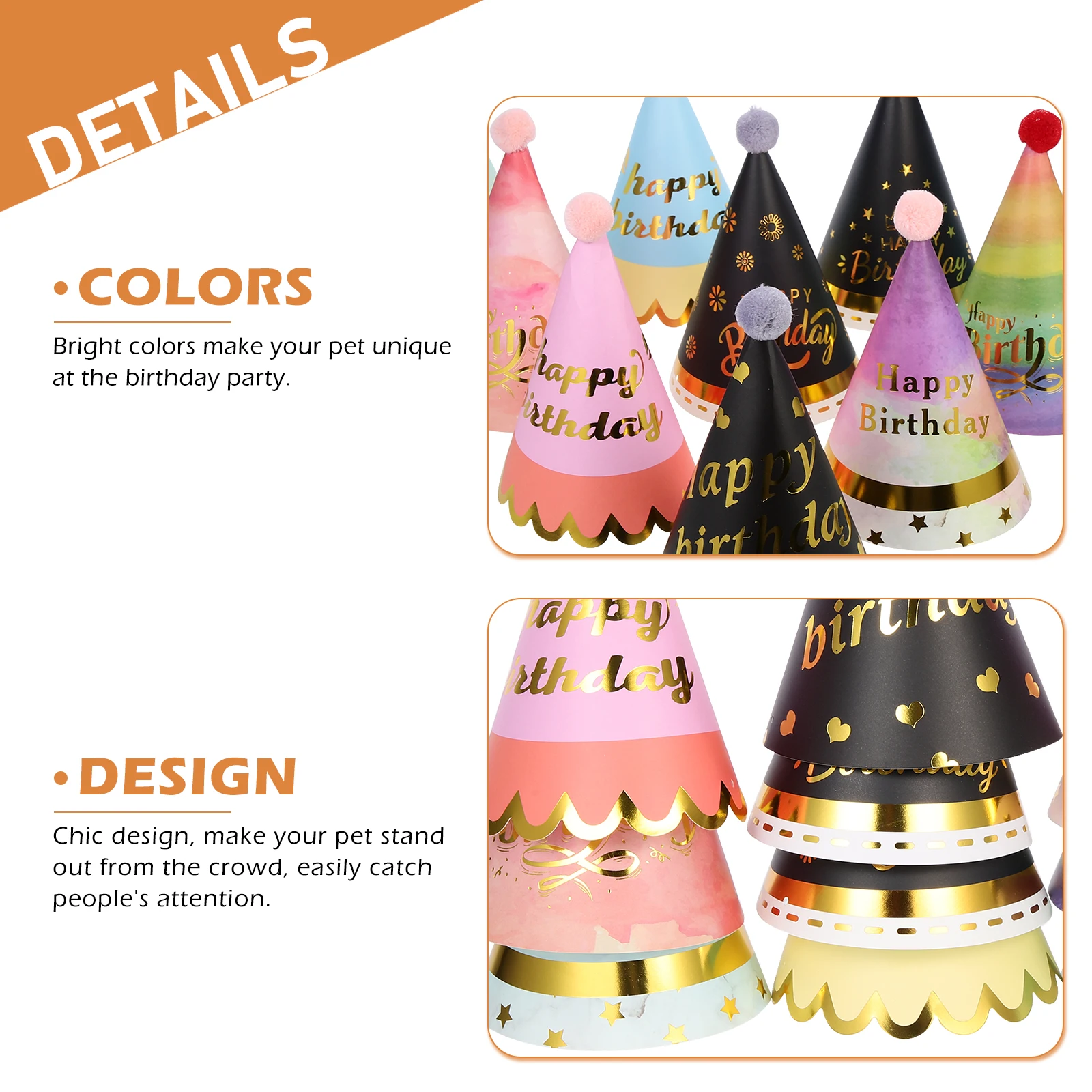 10pcs Dog Birthday Hats Adjustable Pet Party Hat Puppy Cone Cap Ball Design Bright Color Photo Prop For Small Medium Pets