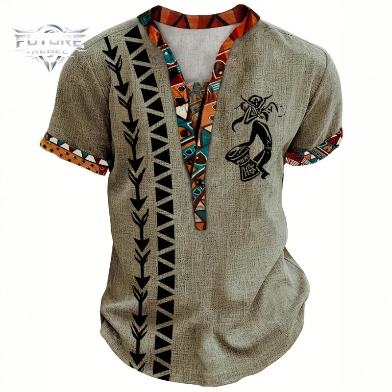 Men Henley Shirt Digital Tribal Print Summer Tee Harajuku Unisex Loose Fit Six Button Hem Short Sleeve Casual Streetwear Fashion