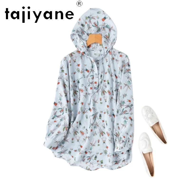TAJIYANE 100% Real Mulberry Silk T Shirts Woman Elegant Blue Print Hooded T-shirt Casual Spring Tops 2026 Women Clothes футболка